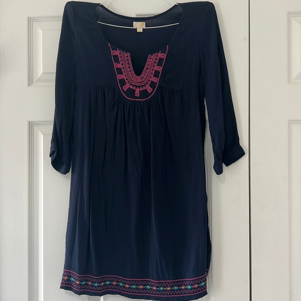 Navy Embroidered Gauze Dress